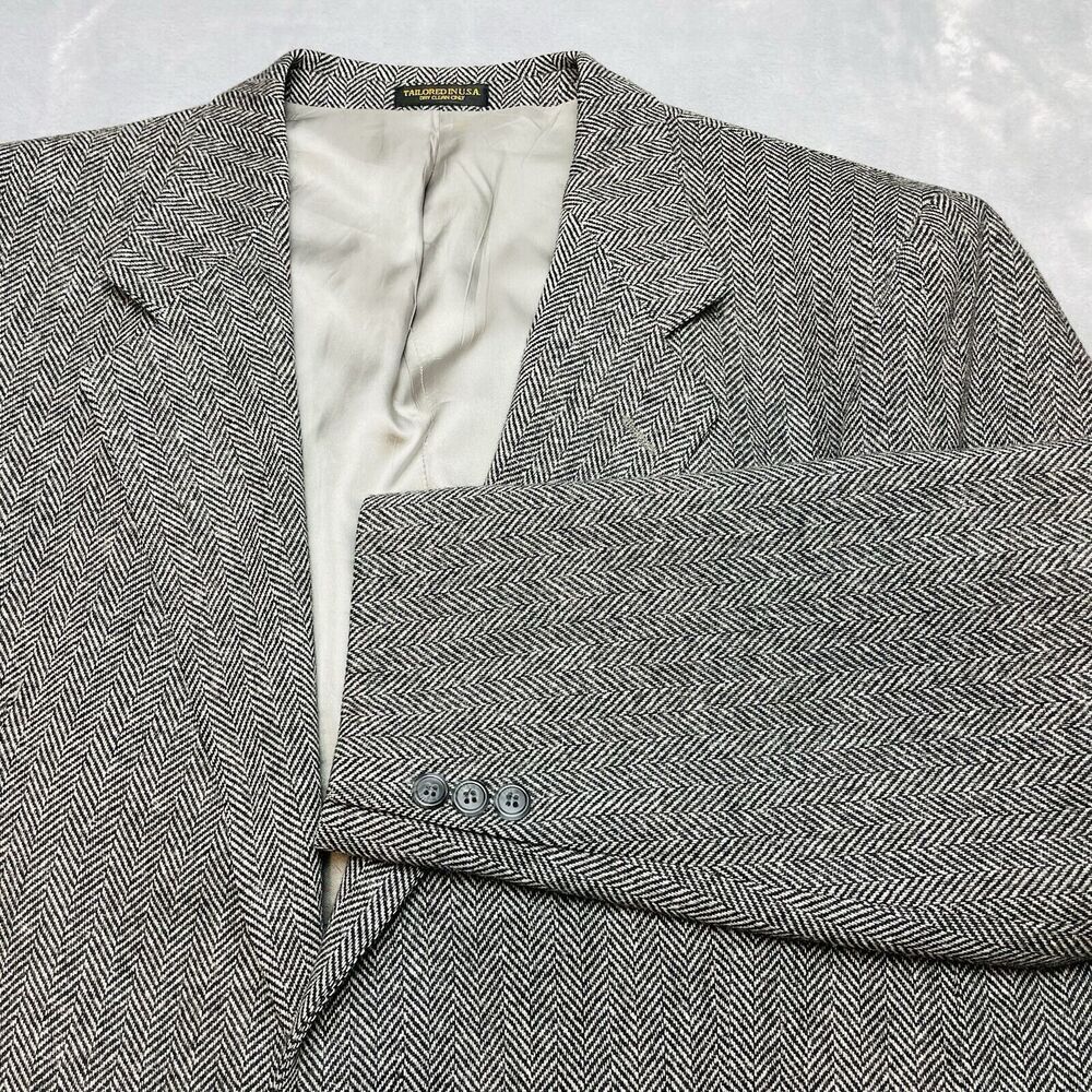 Hardwick Mens Herringbone Wool Tweed Blazer Jacket‎ 46L Black White 2 Button USA
